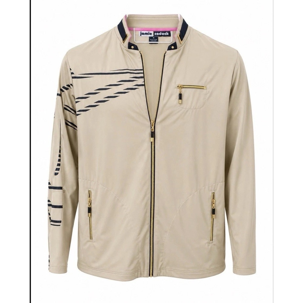Jamie Sadock XL Beige Black Striped Women's Golf Jacket Full Zip Zipper Pocket